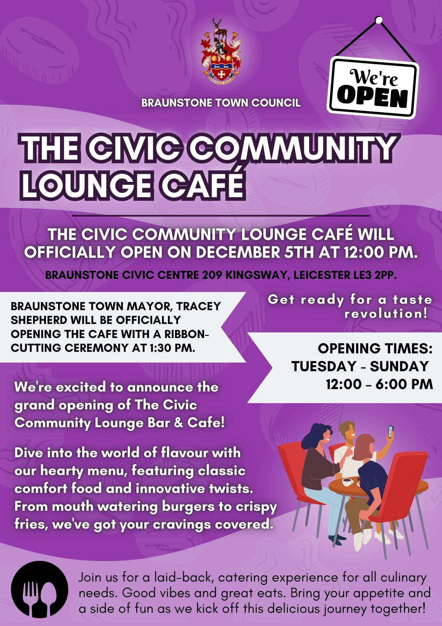 The Civic Community Lounge café will officially open on December 5th at 1200 pm. The Braunstone Town Mayor Tracey Shepherd will be present for the ribbon cutting ceremony at 130 pm. Please Come a